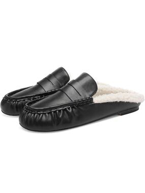 Slip On Penny Loafer Women's Sz 7 Mule Flats Comfortable Faux Fur BLACK Worn 1X